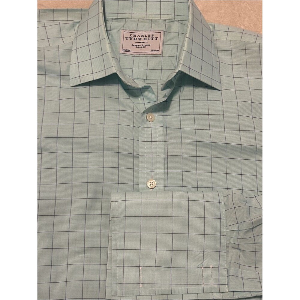 Charles Tyrwhitt Men's Mint Green Grid Check Dress Shirt French Cuff 15.5/33